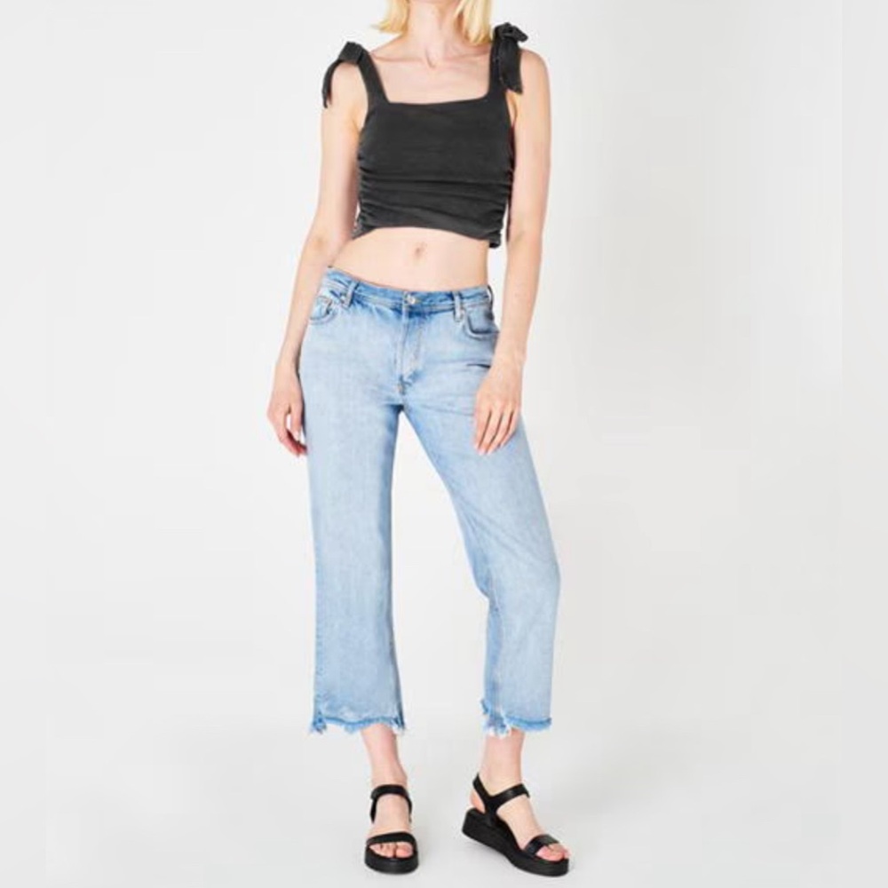 Free People Boulevard Tank Top Ribbed Crop Shoulder Tie Gray‎ black Sz M